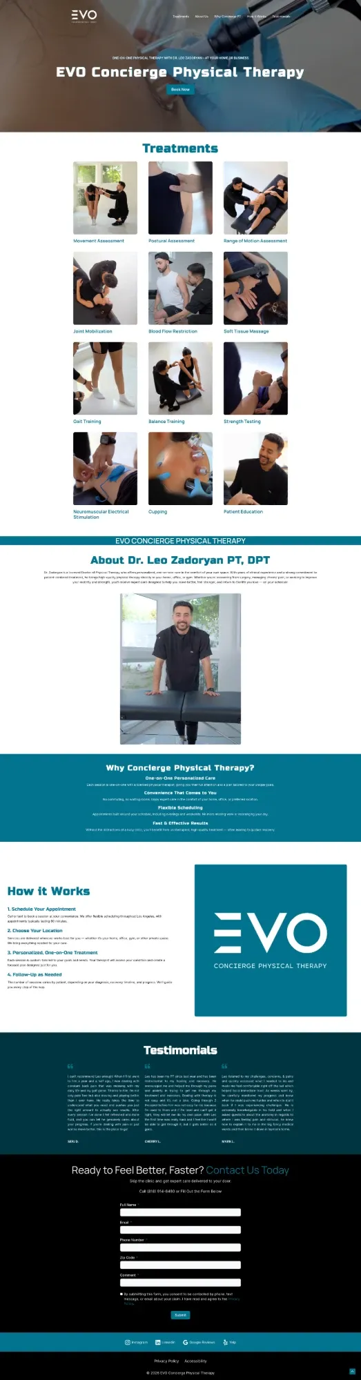 Full-page view of the EVO Concierge Physical Therapy website