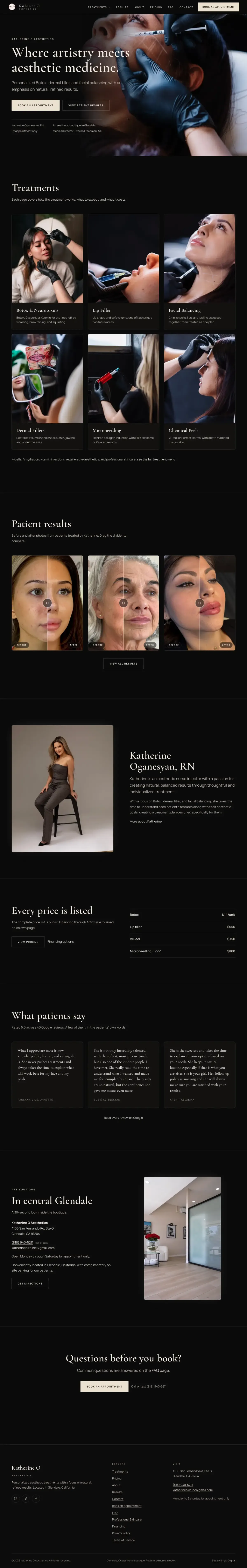 Full-page view of the Katherine O Aesthetics website