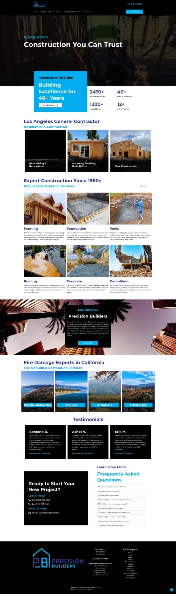 Full-page view of the Precision Builders LA website