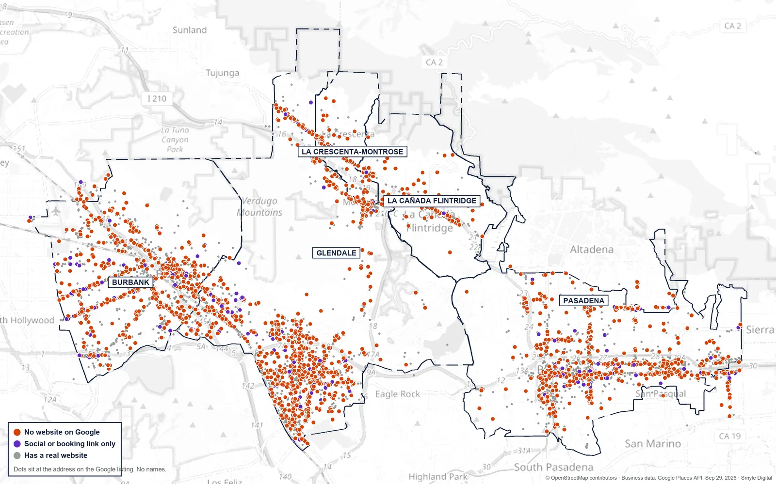 Map of Glendale, Pasadena, Burbank, La Crescenta-Montrose, and La Cañada Flintridge with a dot for every business in the study at its Google address: orange for no website on the listing, purple for a social or booking link only, gray for a real website.