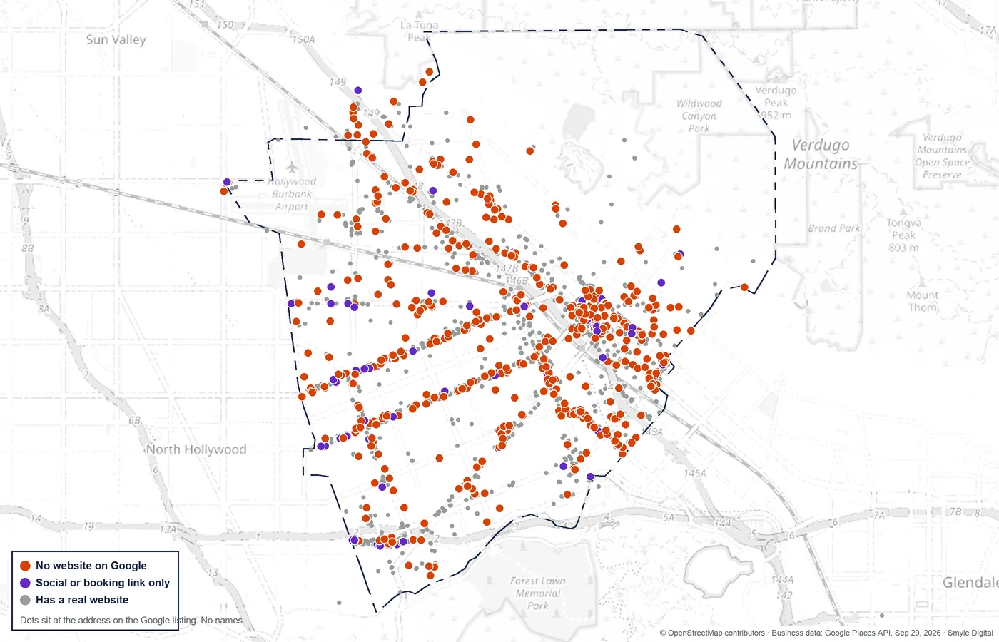 Map of Burbank with a dot for every business in the study at its Google address: orange for no website on the listing, purple for a social or booking link only, gray for a real website.