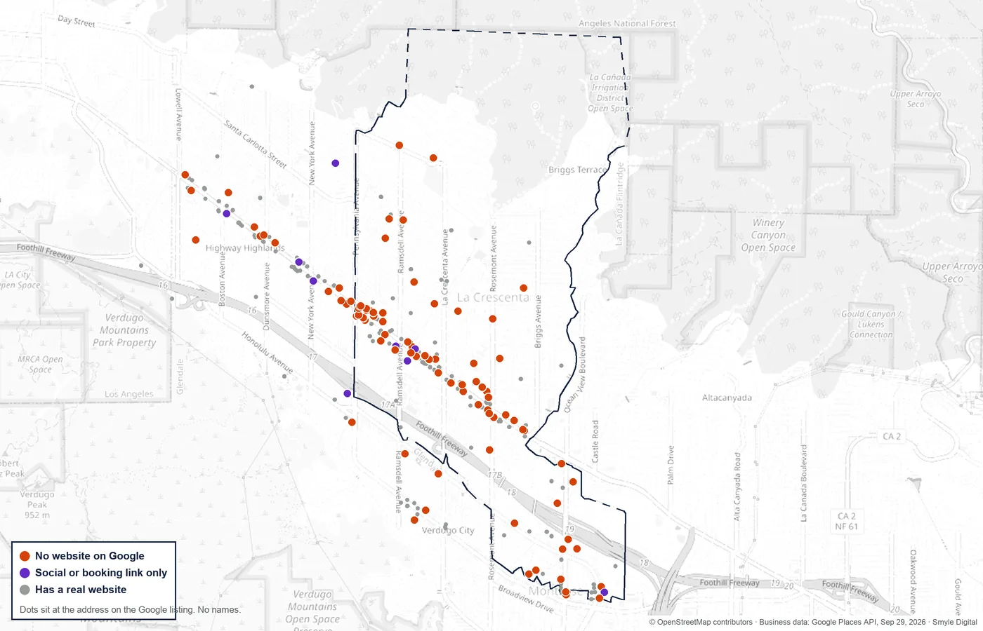 Map of La Crescenta-Montrose with a dot for every business in the study at its Google address: orange for no website on the listing, purple for a social or booking link only, gray for a real website.