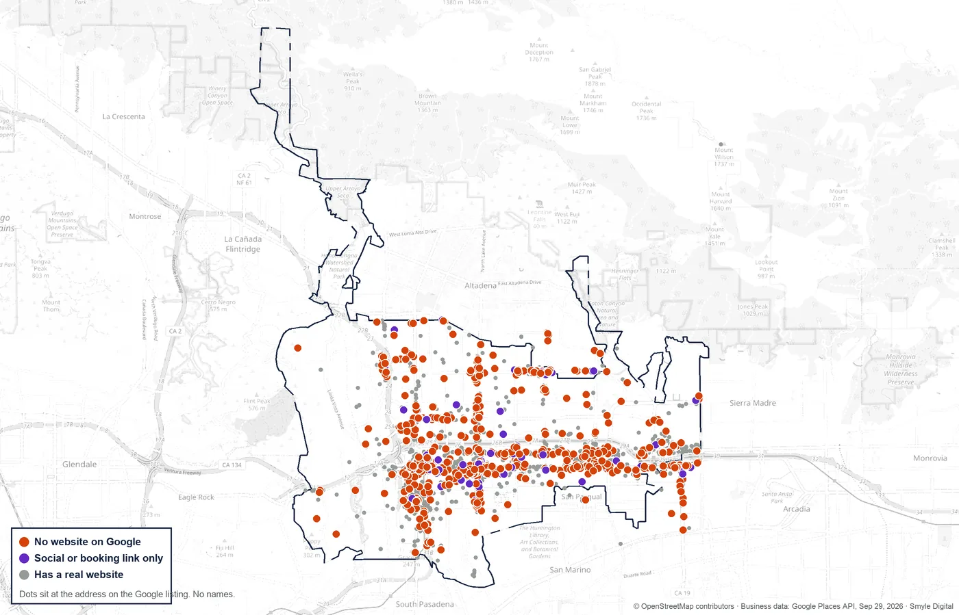 Map of Pasadena with a dot for every business in the study at its Google address: orange for no website on the listing, purple for a social or booking link only, gray for a real website.